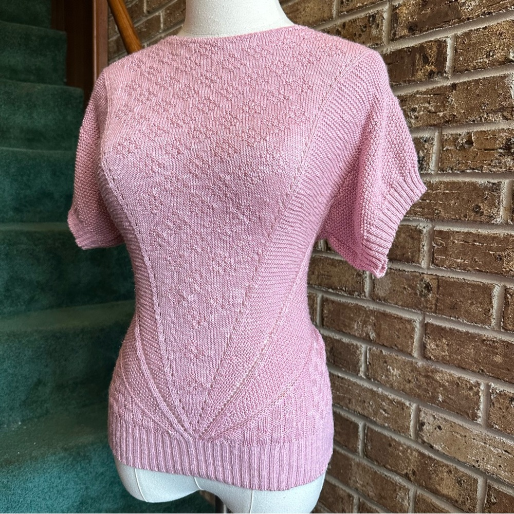 VTG 80s Retro Light Pink Knit Short Sleeve Sweater Shirt
